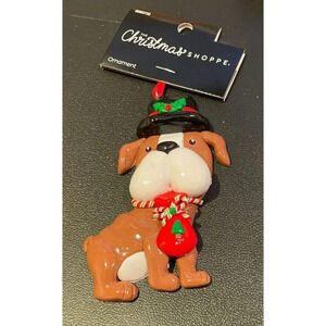 Bulldog Dog Puppy Brown‎ Top Hat Christmas Holiday Ornament Polymer Clay NEW